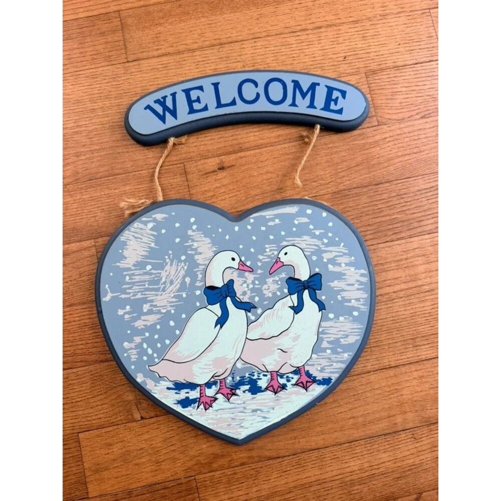 Vintage 80s Country Blue Geese Welcome Sign Heart Hanging Wall Decor Cottagecore
